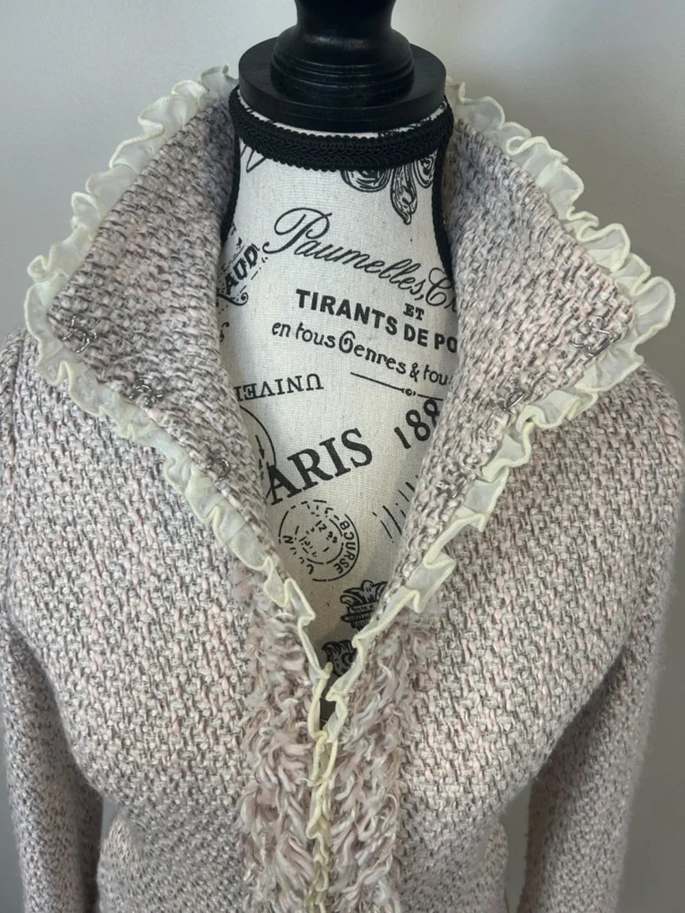 Utd Textured Tweed Jacket Blush Pink Ruffle Trim Fringe Open Front M READ - Picture 6 of 12